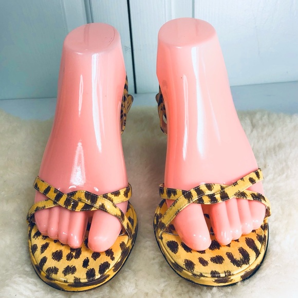 Via Spiga Shoes - Y2K Via Spiga Leopard Slingback Patent Leather Italian Sandals Shoes Yellow Sz 7